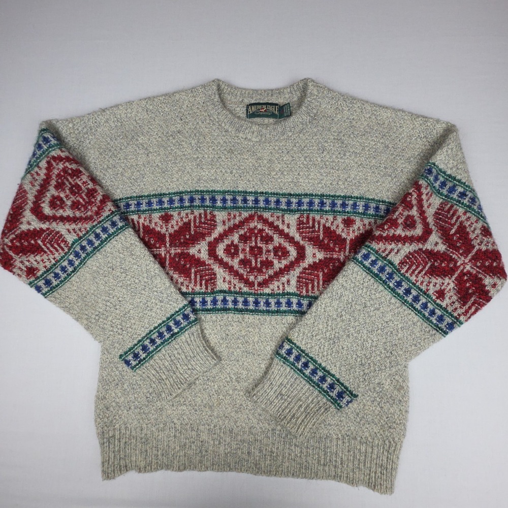 American Eagle Nordic Fair Isle Crewneck Sweater Mens L Gray Wool Blend 8009-9